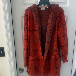 Women's Red Grid Pattern Cardigan